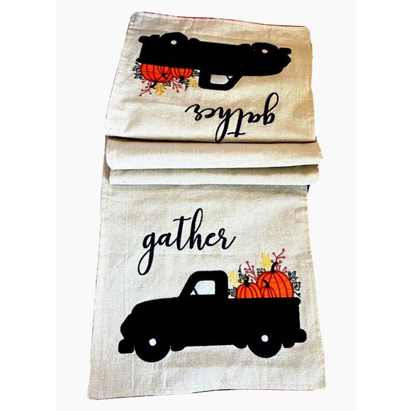 Thanksgiving Halloween Autumn Harvest Fall Pumpkin Truck Table Runner "GATHER"